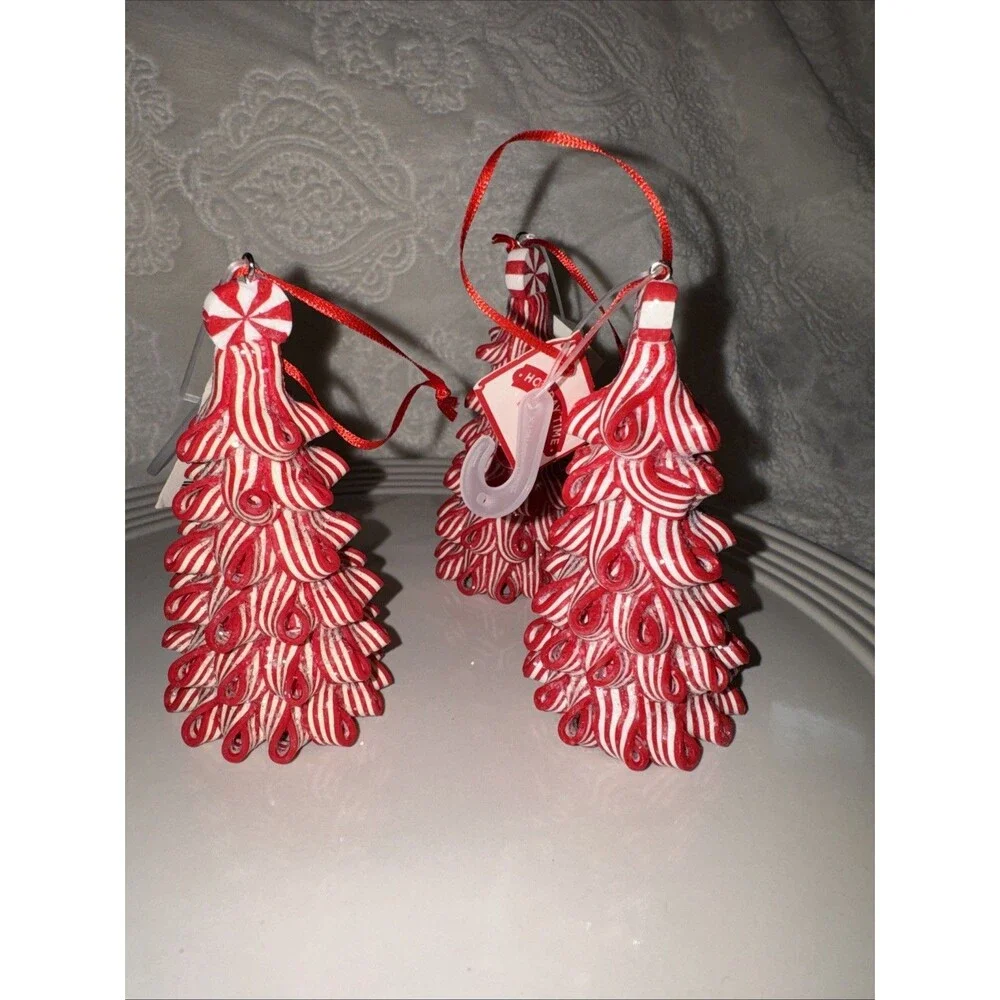 3 Christmas Ribbon Peppermint Tree Ornament Candy Cane Striped  Red White 4”